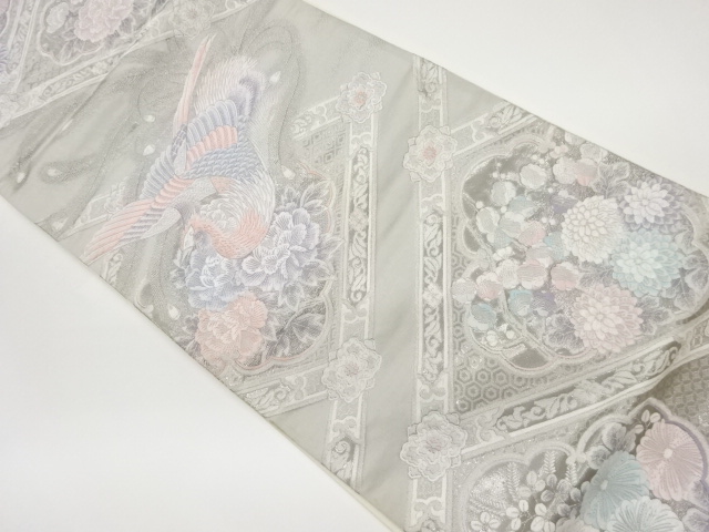 格天井に鳳凰・花々模様織出し袋帯